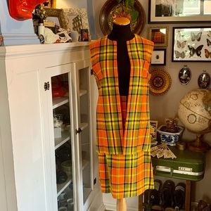 One of a Kind 60’s Handmade Two Piece Skirt & Vest Set Electric Tangerine Plaid
